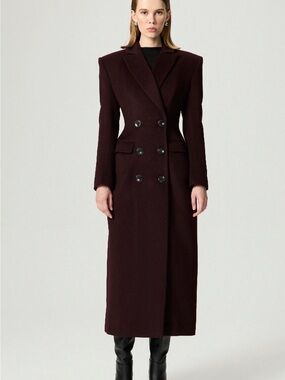 Long Double-Breasted Trench Coat in Deep Bordeaux